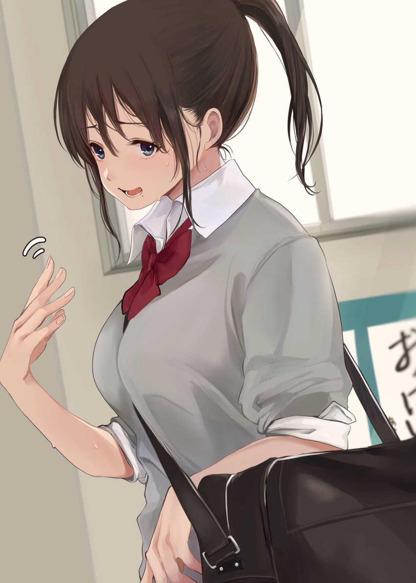 1girl akito_(d30n26) bag between_breasts blue_eyes breasts brown_hair collared_shirt commentary_request fanning_self highres hot long_sleeves mole mole_under_mouth original ponytail school_bag shirt sidelocks sleeves_rolled_up solo strap_between_breasts sweat sweater upper_body
