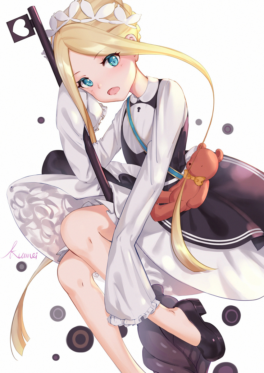 1girl abigail_williams_(fate/grand_order) bangs black_skirt blonde_hair bloomers blue_eyes bow butterfly_hair_ornament fate/grand_order fate_(series) hair_ornament heroic_spirit_chaldea_park_outfit highres holding key kumei long_sleeves looking_at_viewer maid maid_dress maid_headdress mary_janes orange_bow parted_bangs shoes skirt sleeves_past_fingers sleeves_past_wrists stuffed_animal stuffed_toy teddy_bear tentacles tied_hair underwear