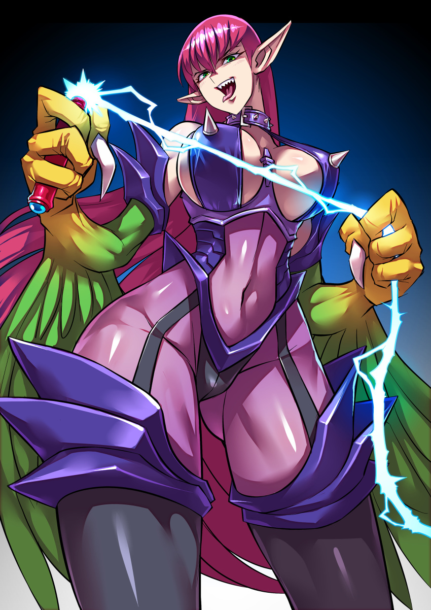 1girl absurdres ass_visible_through_thighs bare_shoulders black_footwear blue_background bodysuit boots breastless_clothes breasts claws collar contrapposto covered_navel dominatrix duel_monster electric_whip electricity feathered_wings fewer_digits from_below green_eyes hair_between_eyes harpie_lady harpy highres holding_whip large_breasts long_hair looking_at_viewer monster_girl pink_hair ryuusei_(mark_ii) sharp_claws short_hair solo spiked_collar spikes standing straight_hair strap_gap talons thick_thighs thigh-highs thigh_boots thighs tongue tongue_out very_long_hair whip wings yuu-gi-ou yuu-gi-ou_duel_monsters