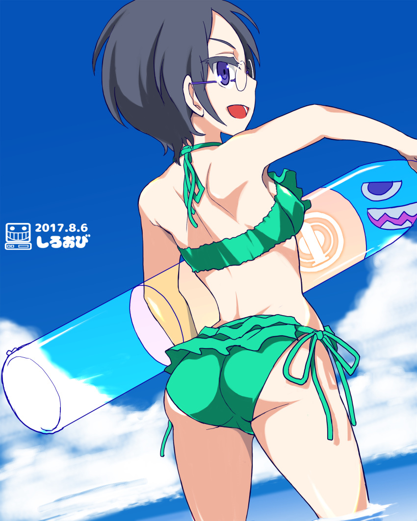 1girl absurdres actas_(studio) artist_logo artist_name ass back bikini blue_eyes blue_sky clouds cloudy_sky commentary_request cowboy_shot dated day dutch_angle emblem from_behind girls_und_panzer glasses green_bikini grey_hair highres holding inflatable_toy looking_at_viewer looking_back media_factory ocean open_mouth partial_commentary round_eyewear rumi_(girls_und_panzer) selection_university_(emblem) shiroobi_(whitebeltmaster) short_hair side-tie_bikini sky smile solo standing swimsuit thighs wading