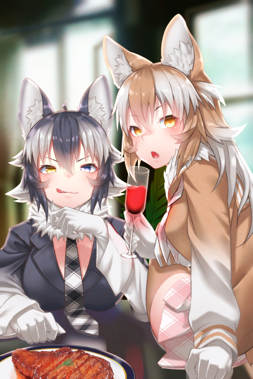 2girls absurdres ahoge alcohol animal_ears black_hair blue_eyes blush breasts brown_hair closed_eyes cup drinking_glass eyebrows_visible_through_hair fang food fur_collar gloves grey_wolf_(kemono_friends) heterochromia highres japanese_wolf_(kemono_friends) kemono_friends long_hair looking_at_viewer meat multicolored_hair multiple_girls necktie open_mouth plaid_neckwear sitting skirt smile st.takuma tail tongue two-tone_hair white_gloves white_hair wine wine_glass wolf_ears wolf_girl wolf_tail yellow_eyes