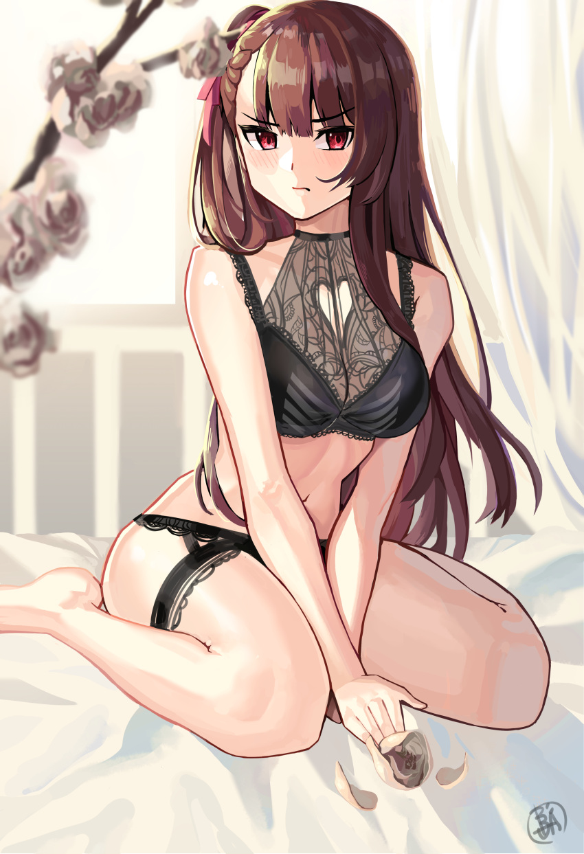 1girl absurdres bare_arms bare_legs bare_shoulders barefoot be_garam between_legs black_bra black_panties blush bra breasts brown_hair closed_mouth flower frown girls_frontline hair_ribbon highres leg_garter lingerie long_hair looking_at_viewer medium_breasts navel one_side_up panties pink_ribbon red_eyes ribbon rose signature sitting solo thighs underwear v-shaped_eyebrows v_arms wa2000_(girls_frontline) wariza