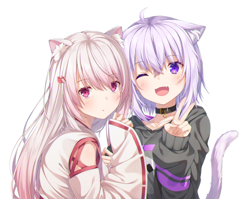 2girls ;d ahoge animal_ear_fluff animal_ears black_sweater blush cat_ears cat_tail collar fang hair_between_eyes hair_ornament hairclip hand_up highres hololive japanese_clothes kemonomimi_mode kimono lavender_hair long_hair long_sleeves looking_at_viewer miko multiple_girls nekomata_okayu nijisanji one_eye_closed open_mouth parted_lips red_eyes shiina_yuika short_hair simple_background smile sweater tail upper_body v violet_eyes virtual_youtuber white_background white_hair white_kimono wide_sleeves yuuri_nayuta
