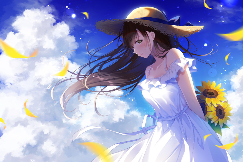 1girl arms_behind_back bad_id bare_shoulders blue_bow blue_ribbon blue_sky bow breasts brown_eyes brown_hair brown_headwear closed_mouth clouds cloudy_sky commentary_request day dress eyebrows_visible_through_hair flower hat hat_bow leaning_forward long_hair looking_at_viewer medium_breasts noda_shuha off-shoulder_dress off_shoulder original outdoors petals ribbon sky smile solo straw_hat sunflower white_dress window yellow_flower