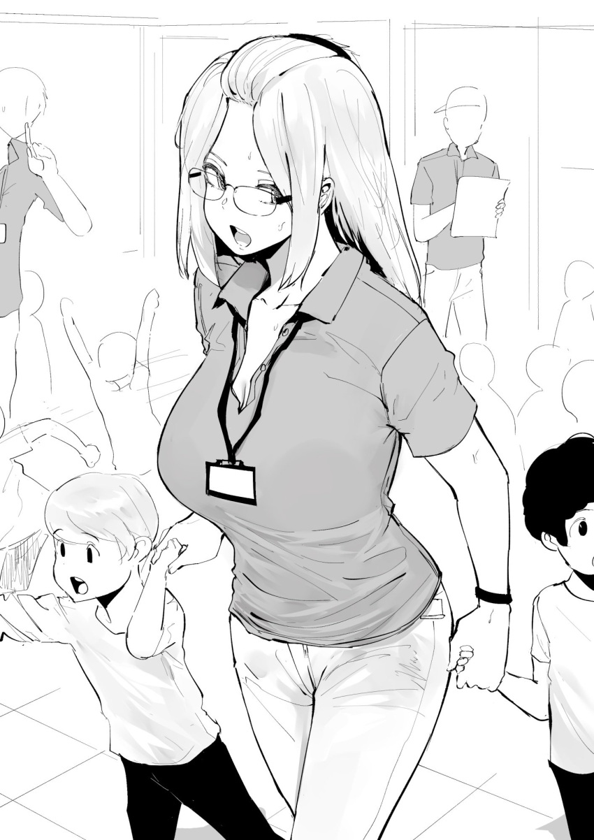 1girl bangs_pinned_back bracelet breasts child collared_shirt commentary crowd english_commentary glasses greyscale highres holding_hands id_card inne_sulistya_robin jewelry lanyard large_breasts long_hair monochrome norman_maggot original pants polo_shirt shirt short_sleeves sweat