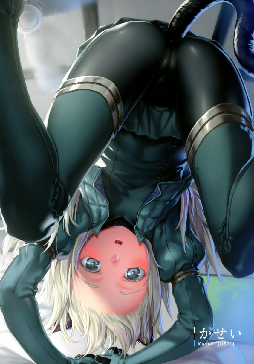 1girl absurdres animal_ears arms_up artist_name black_legwear blonde_hair blue_eyes blush cat_ears cat_tail cropped_jacket from_below green_jacket green_skirt h_kasei highres jacket kantai_collection long_hair long_sleeves looking_at_viewer military military_uniform miniskirt open_clothes open_jacket open_mouth pantyhose pleated_skirt puffy_long_sleeves puffy_sleeves scan skirt solo tail u-511_(kantai_collection) uniform upper_body upside-down