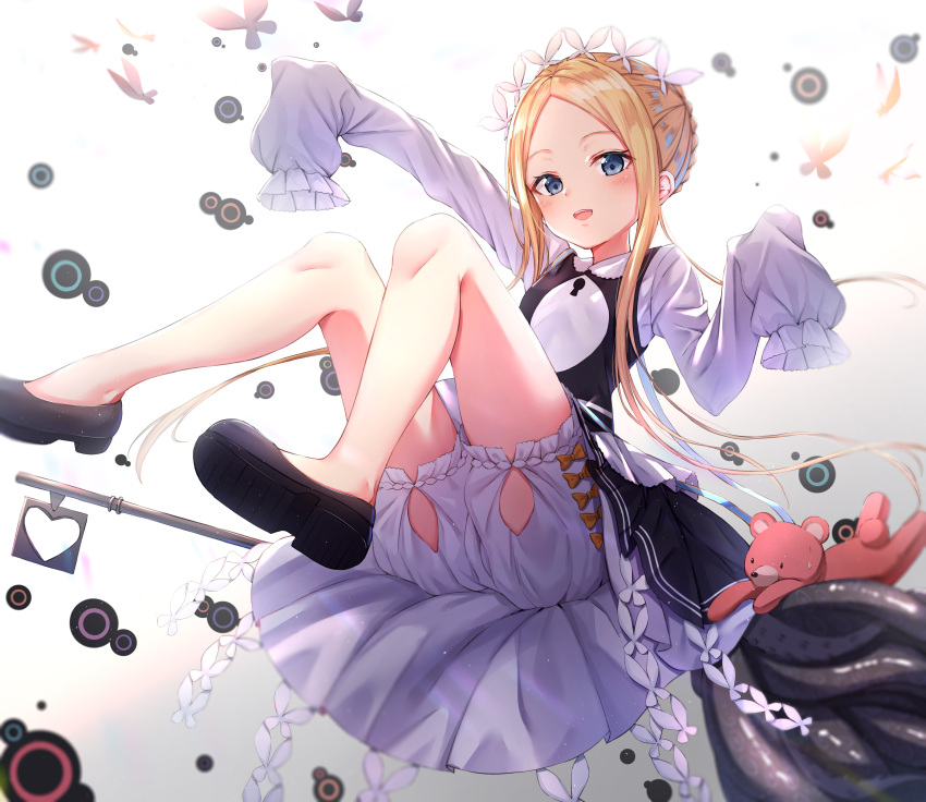 1girl :d abigail_williams_(fate/grand_order) absurdres arm_up bangs black_dress black_footwear blonde_hair bloomers blue_eyes blush braid butterfly_hair_ornament commentary_request dress eyebrows_visible_through_hair fate/grand_order fate_(series) forehead gradient gradient_background grey_background hair_ornament heart heroic_spirit_chaldea_park_outfit highres key knees_up long_hair long_sleeves open_mouth outstretched_arm parted_bangs shirt shoe_soles shoes sidelocks sleeveless sleeveless_dress sleeves_past_fingers sleeves_past_wrists smile solo stuffed_animal stuffed_toy teddy_bear tentacles underwear upper_teeth very_long_hair white_background white_bloomers white_shirt xue_lu