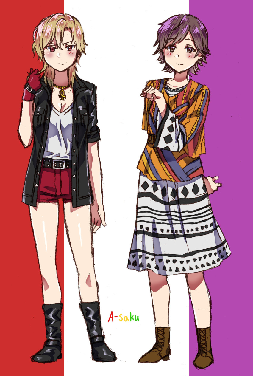 2girls absurdres ankh asaku_illust blonde_hair blush brown_hair gloves highres hinohara_sae(asaku_illust) jacket jewelry leather leather_belt leather_jacket long_skirt multiple_girls necklace original patterned_clothing red_eyes red_shorts shirt short_hair shorts single_glove skirt smile white_shirt yasukura_ina(asaku_illust)