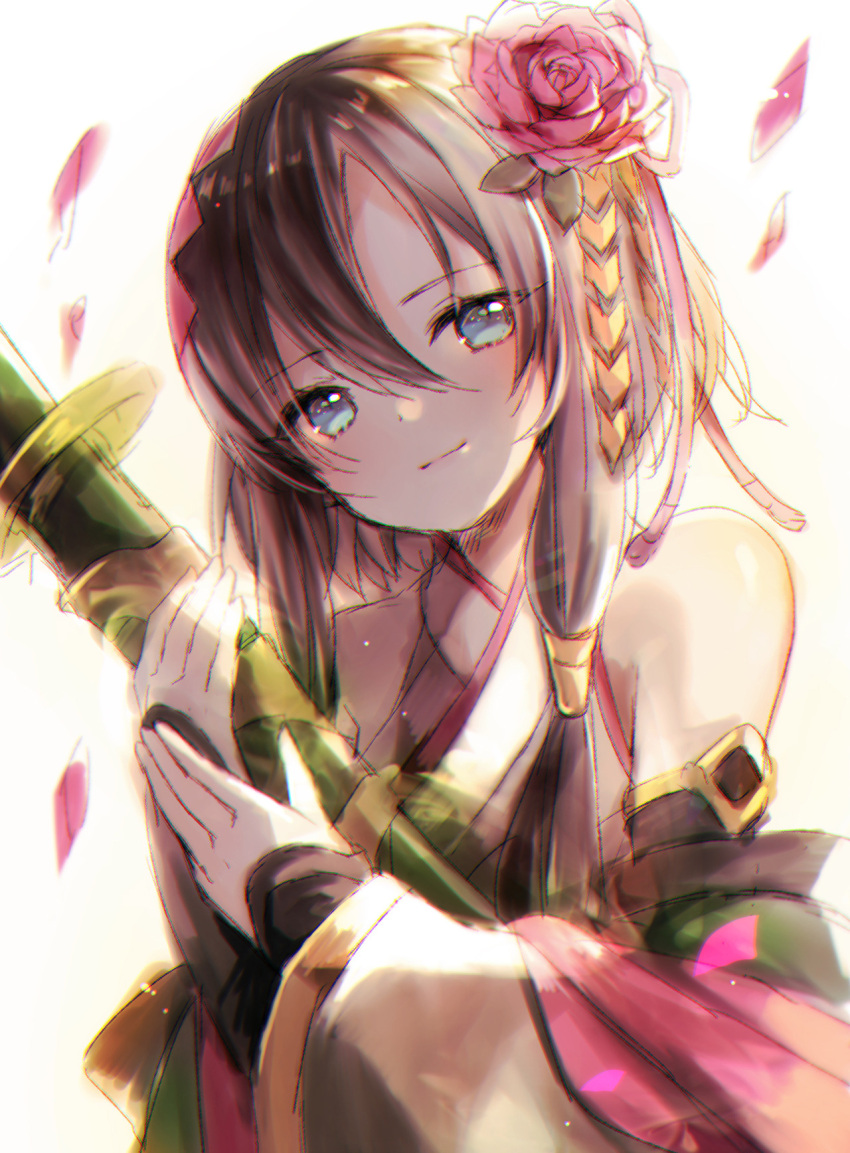 1girl bangs bare_shoulders blue_eyes brown_hair character_request closed_mouth commentary_request cryptract detached_sleeves eyebrows_visible_through_hair flower hair_between_eyes hair_flower hair_ornament hair_ribbon head_tilt highres holding holding_sheath japanese_clothes katana kikka_(kicca_choco) kimono long_hair long_sleeves petals pink_flower pink_ribbon pink_rose ribbon rose sheath sheathed simple_background sleeveless sleeveless_kimono sleeves_past_wrists smile solo sword upper_body weapon white_background white_kimono white_sleeves wide_sleeves