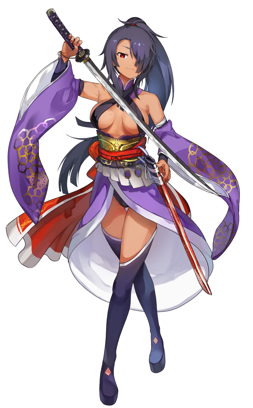 1girl :3 absurdres arm_up black_hair breasts character_request closed_mouth eyebrows_visible_through_hair full_body hair_over_one_eye highres holding holding_sword holding_weapon konbu_wakame large_breasts looking_at_viewer mole mole_on_breast mole_under_eye ponytail red_eyes red_nails simple_background solo sword tenka_hyakken weapon white_background