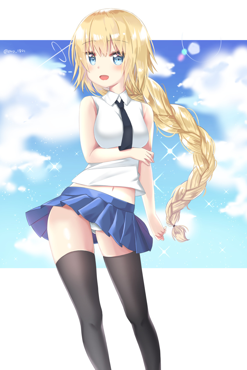 1girl absurdres aro_1801 artist_name bangs bare_shoulders black_legwear black_neckwear blonde_hair blue_eyes blue_skirt blue_sky blush braid breasts clouds commentary_request eyebrows_visible_through_hair fate/grand_order fate_(series) highres jeanne_d'arc_(fate) jeanne_d'arc_(fate)_(all) large_breasts long_braid long_hair looking_at_viewer miniskirt navel necktie outdoors panties shirt single_braid skirt sky sleeveless sleeveless_shirt smile solo thigh-highs underwear very_long_hair white_panties white_shirt