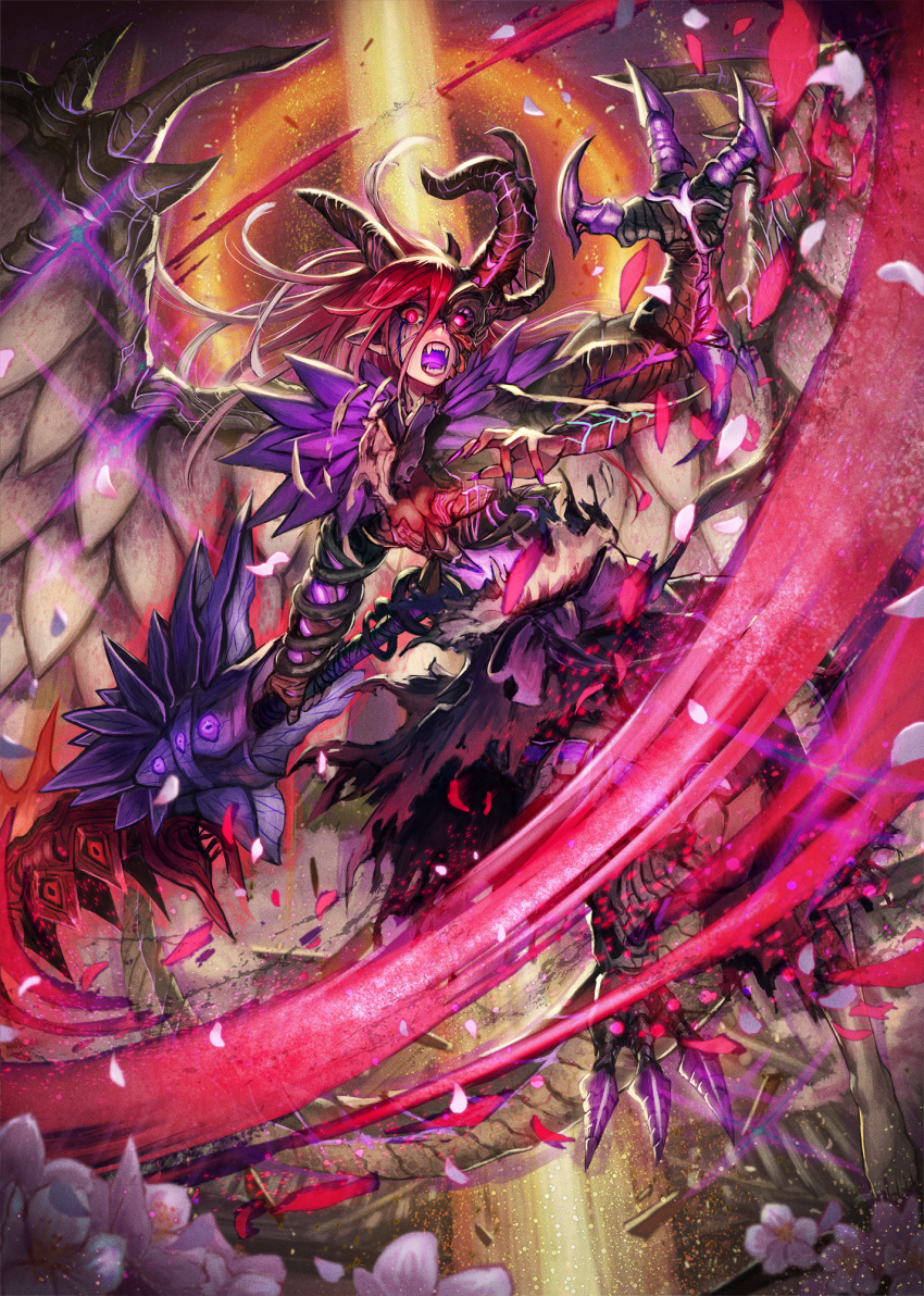 1girl cherry_blossoms claws commentary_request dragon_girl dragon_horns dragon_wings fangs fantasy fingernails flower glowing_mouth half_mask highres horns kuroi_susumu monster_girl multiple_arms original petals pointy_ears redhead scales sharp_fingernails slit_pupils sword tears torn_clothes weapon wings