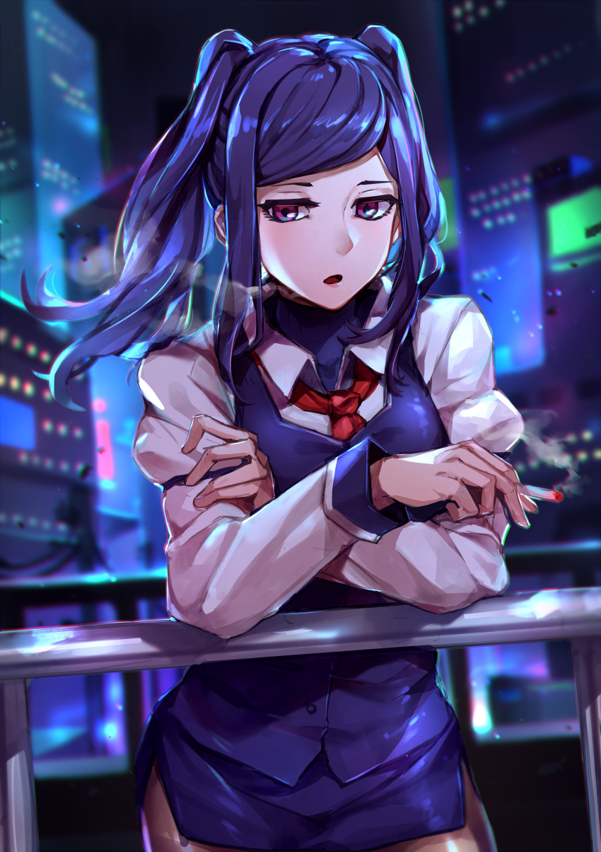 1girl absurdres black_legwear breasts cigarette city highres huge_filesize jill_stingray leaning_forward long_hair mr.lime necktie night open_mouth pantyhose purple_hair smoke smoking thighband_pantyhose twintails uniform va-11_hall-a vest violet_eyes