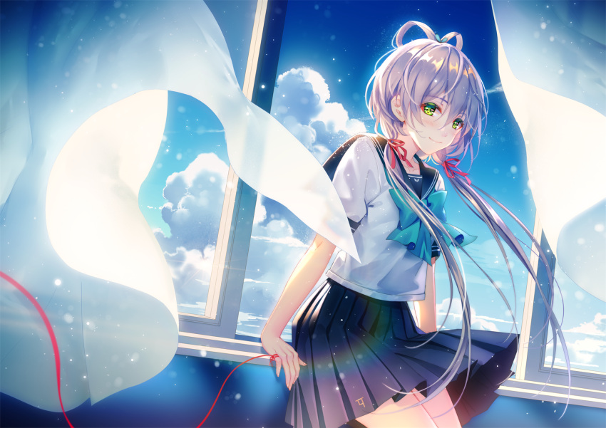 1girl aqua_bow black_sailor_collar black_skirt blue_sky bow bowtie closed_mouth clouds cloudy_sky collarbone curtains day green_eyes hair_ribbon long_hair looking_at_viewer low_twintails luo_tianyi pleated_skirt ribbon sailor_collar school_uniform serafuku shirt short_sleeves silver_hair skirt sky smile solo string tidsean twintails very_long_hair vocaloid vocanese white_shirt window