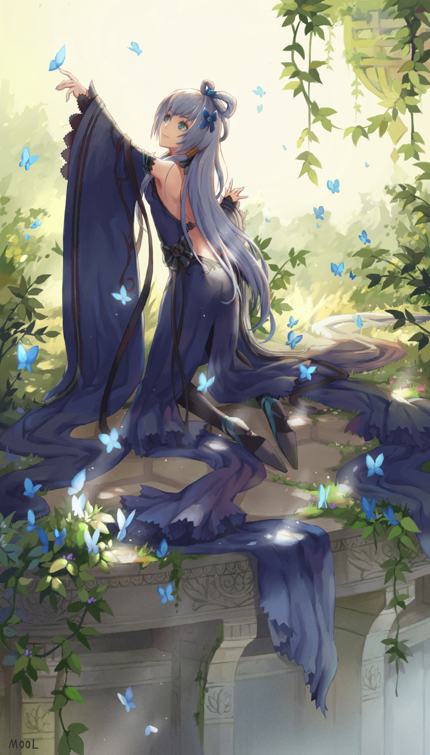 1girl black_footwear black_legwear blue_dress blue_eyes blue_hair bug butterfly closed_mouth dress eyebrows_visible_through_hair flower from_behind hair_flower hair_ornament high_heels highres insect kneeling long_hair looking_away luo_tianyi magical_girl mool_yueguang smile thigh-highs very_long_hair vocaloid