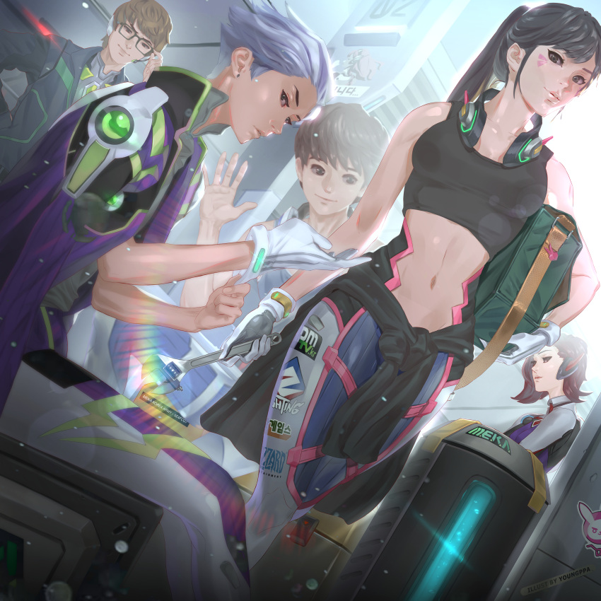 2girls 3boys absurdres adjusting_clothes adjusting_gloves alternate_hairstyle backlighting black_hair breasts casino_(overwatch) center_opening clothes_around_waist d.mon_(overwatch) d.va_(overwatch) dutch_angle glasses gloves group_picture headphones headphones_around_neck headset highres huge_filesize king_(overwatch) long_hair medium_breasts multiple_boys multiple_girls navel overlord_(overwatch) overwatch pilot_suit ponytail sports_bra white_gloves wrench youngppa