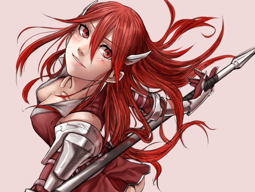 1girl armor breasts cordelia_(fire_emblem) fire_emblem fire_emblem_awakening gloves hair_ornament highres holding kirie_kairi long_hair looking_at_viewer polearm red_eyes redhead simple_background smile solo very_long_hair weapon