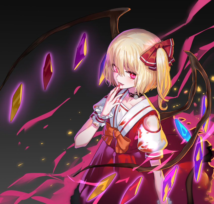 1girl :d absurdres blonde_hair blood blood_from_mouth bloody_clothes bow bunuojiang collarbone fang flandre_scarlet flower hair_between_eyes hair_bow highres jewelry long_skirt nail_polish necklace open_mouth orange_bow red_bow red_eyes red_nails red_shirt red_skirt rose shirt short_hair short_sleeves shoulder_cutout side_ponytail skirt smile solo standing touhou white_flower white_rose wings wrist_cuffs