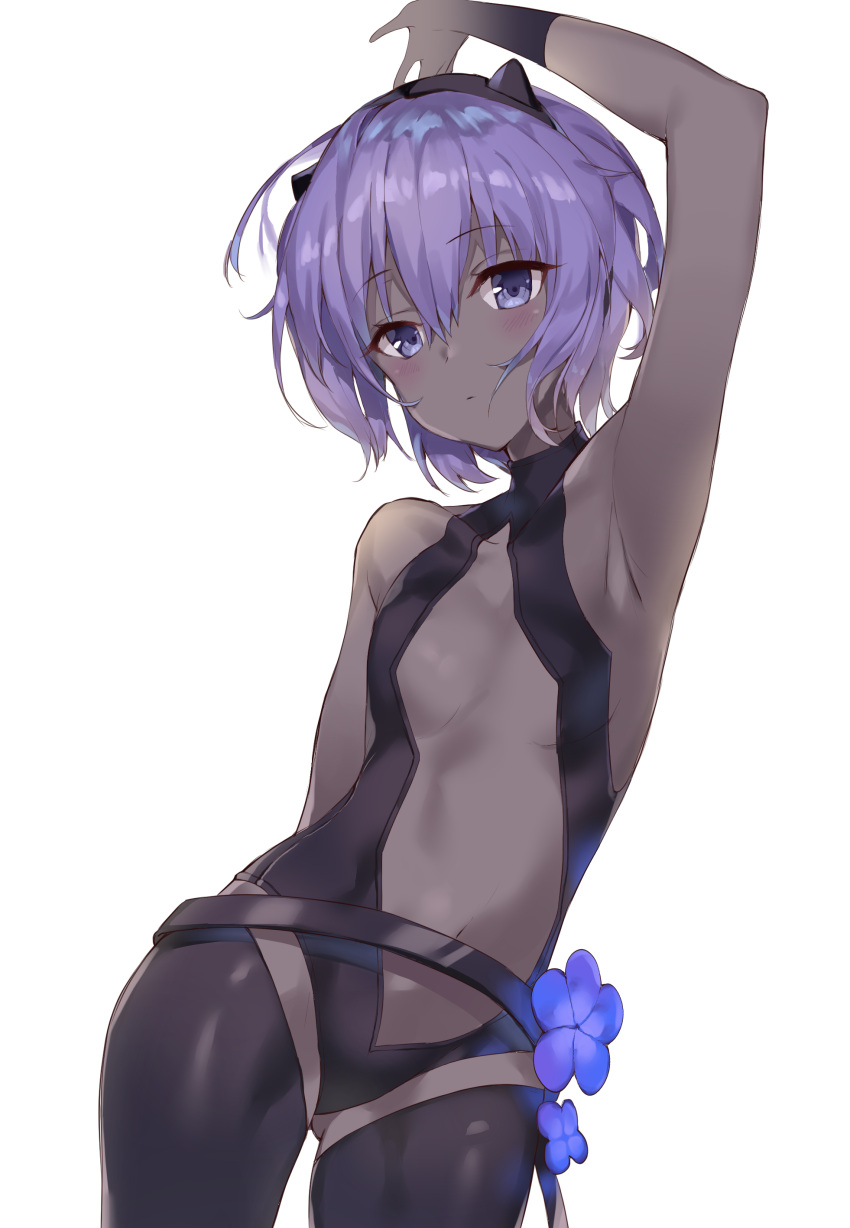 1girl absurdres arm_up armpits bangs bare_arms bare_shoulders black_leotard blue_flower blush breasts center_opening closed_mouth commentary_request cowboy_shot dark_skin eyebrows_visible_through_hair fate/prototype fate/prototype:_fragments_of_blue_and_silver fate_(series) flower hair_between_eyes hassan_of_serenity_(fate) highres leisss leotard navel purple_hair sidelocks simple_background small_breasts solo violet_eyes white_background