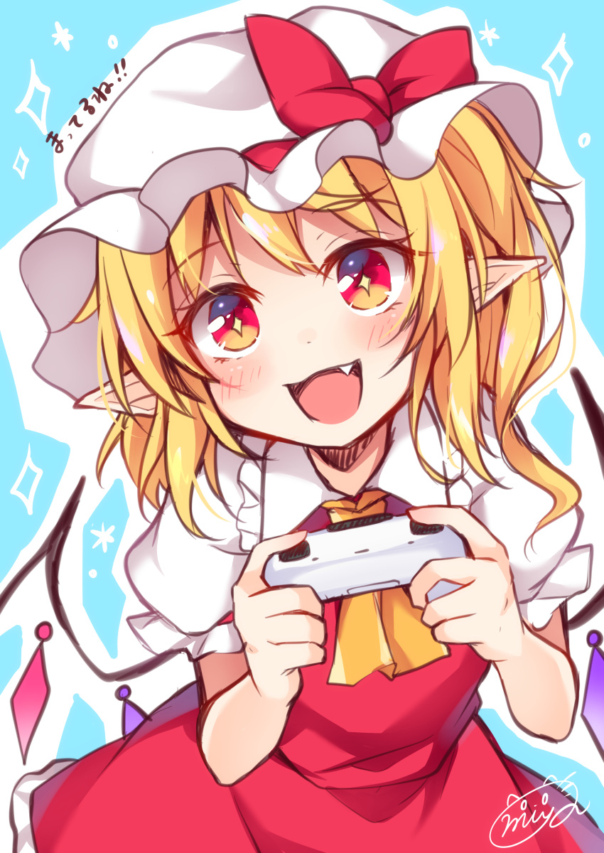 1girl :d absurdres ascot bangs blonde_hair blue_background bow commentary_request controller cowboy_shot crystal eyebrows_visible_through_hair fang flandre_scarlet frilled_shirt_collar frills hat hat_bow highres holding long_hair looking_at_viewer miy@ mob_cap one_side_up open_mouth pointy_ears puffy_short_sleeves puffy_sleeves red_bow red_eyes red_skirt red_vest shirt short_sleeves simple_background skirt skirt_set smile solo touhou translated vest white_headwear white_shirt wings yellow_neckwear