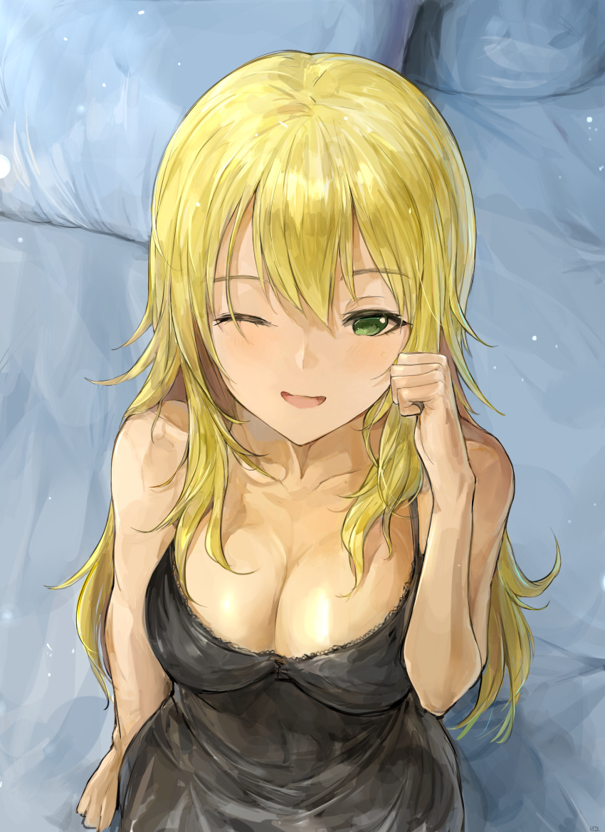 1girl :d arm_up bangs bare_arms bed bed_sheet blonde_hair blue_pillow blush breasts chan1moon collarbone eyebrows_visible_through_hair green_eyes hair_over_shoulder highres hoshii_miki idolmaster idolmaster_(classic) idolmaster_million_live! idolmaster_million_live!_theater_days lingerie long_hair medium_breasts negligee on_bed one_eye_closed open_mouth pillow sitting sitting_on_bed smile underwear upper_body waking_up
