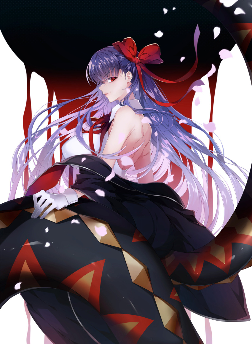 1girl absurdres bangs bare_shoulders bb_(fate)_(all) bb_(swimsuit_mooncancer)_(fate) black_coat blush breasts cherry_blossoms eyebrows_visible_through_hair fate/grand_order fate_(series) gloves hair_ribbon highres large_breasts leotard long_hair looking_at_viewer misshao_00 off_shoulder parted_lips petals popped_collar purple_hair ribbon shoulder_blades smile solo tentacles very_long_hair violet_eyes white_gloves white_leotard