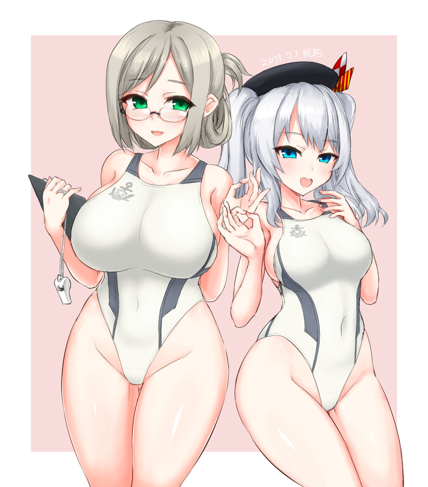 2girls anchor_symbol ass_visible_through_thighs bangs beret black_headwear blue_eyes border breasts clipboard collarbone commentary_request competition_swimsuit covered_navel cowboy_shot dakku_(ogitsune) dated folded_ponytail green_eyes groin hat highleg highleg_swimsuit highres kantai_collection kashima_(kantai_collection) katori_(kantai_collection) large_breasts looking_at_viewer multiple_girls one-piece_swimsuit parted_bangs pink_background rimless_eyewear sidelocks signature silver_hair smile standing swimsuit twintails two-tone_background wavy_hair whistle white_border white_swimsuit