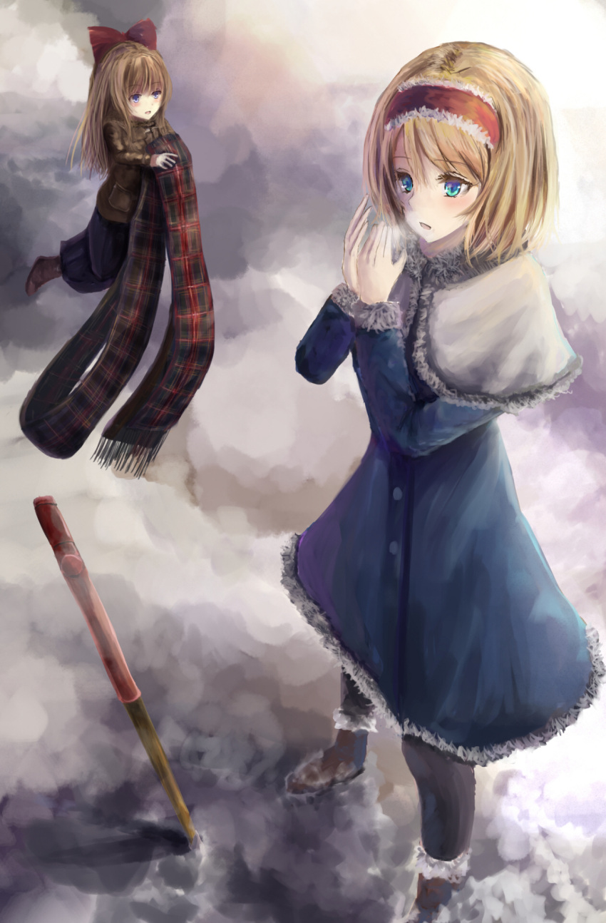 2girls alice_margatroid black_legwear blonde_hair blue_coat blue_eyes blush boots bow brown_footwear capelet coat coat_dress eyebrows_visible_through_hair full_body fur-trimmed_capelet fur_boots fur_trim grey_capelet hair_between_eyes hair_bow hairband highres holding_scarf kisuke1212 long_hair multiple_girls open_mouth red_bow red_hairband shanghai_doll short_hair standing touhou winter winter_clothes winter_coat