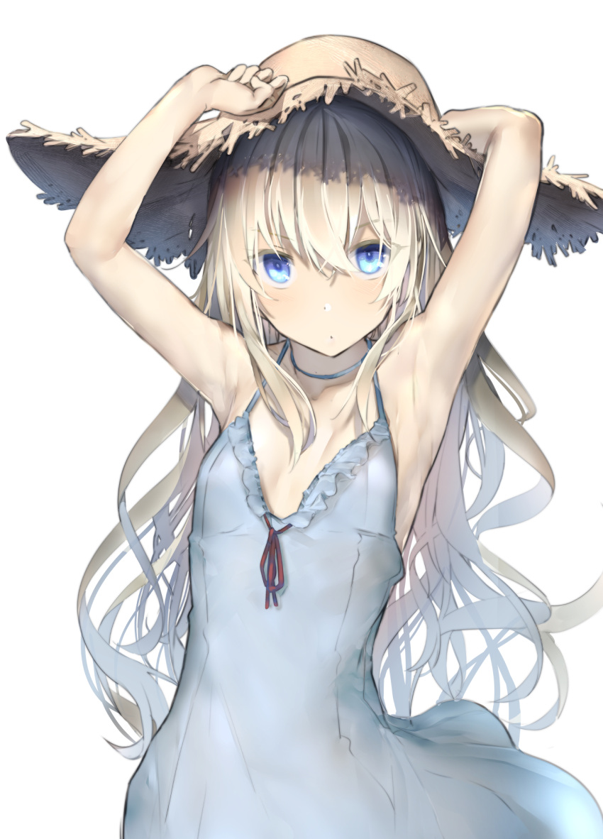 1girl araido_kagiri armpits arms_up artificial_angel_(araido_kagiri) bare_arms bare_shoulders blue_dress blue_eyes breasts brown_headwear closed_mouth collarbone commentary_request dress hat highres long_hair looking_at_viewer original silver_hair simple_background sleeveless sleeveless_dress small_breasts solo spaghetti_strap straw_hat upper_body very_long_hair white_background