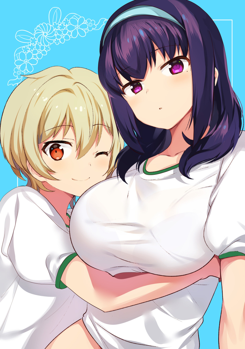 2girls ;) absurdres blonde_hair breasts eyebrows_visible_through_hair gym_uniform hairband harumi_hana highres ichihara_chiaki konbu_wakame large_breasts looking_at_viewer mole mole_under_eye multiple_girls official_art one_eye_closed orange_eyes see-through sekai_de_ichiban_oppai_ga_suki! short_hair smile violet_eyes yuri