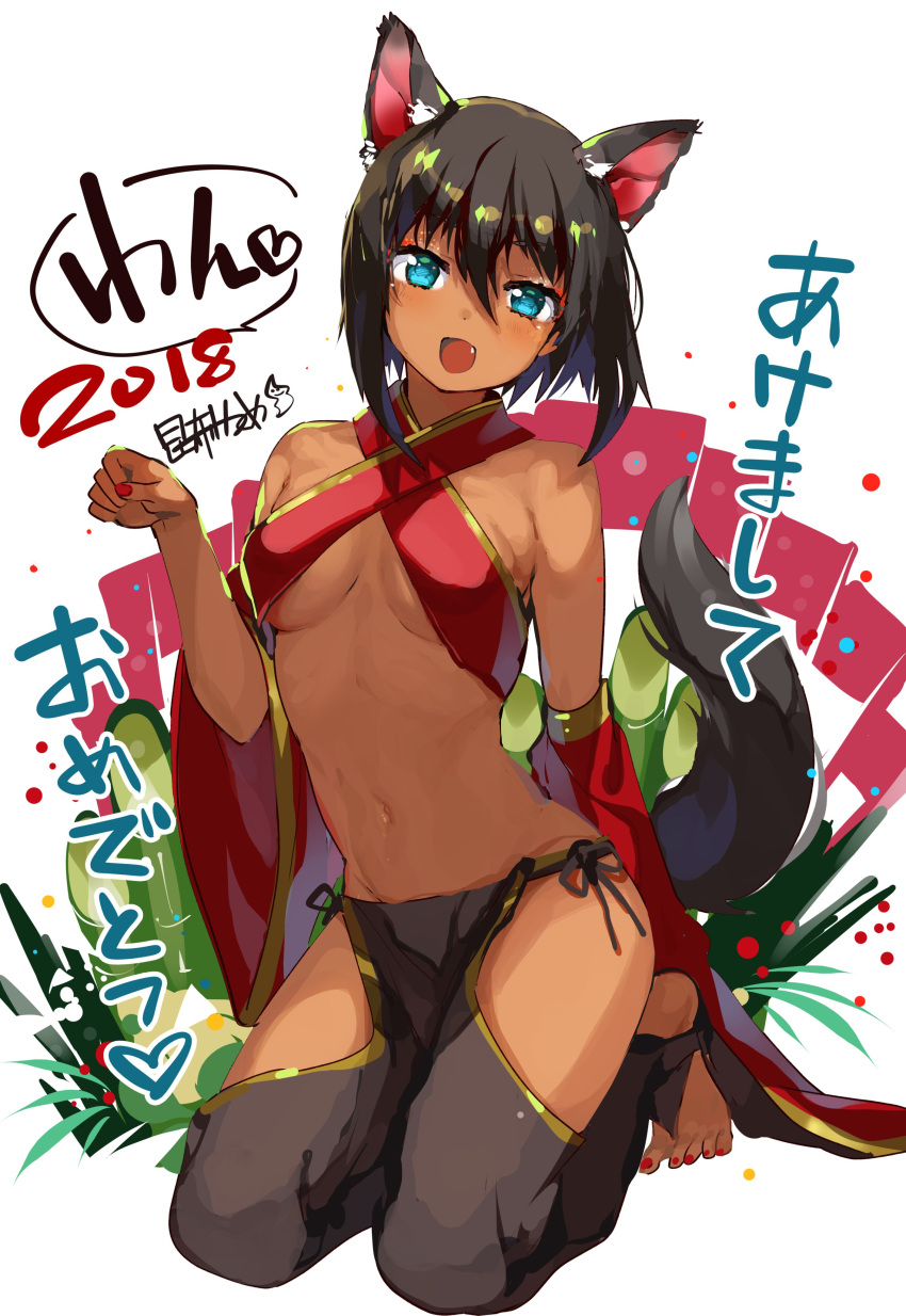 1girl 2018 :d absurdres animal_ears barefoot black_hair blue_eyes breasts criss-cross_halter dark_skin detached_sleeves fang fingernails hair_between_eyes halterneck happy_new_year harem_outfit harem_pants highres hip_vent kadomatsu kneeling konbu_wakame looking_at_viewer medium_breasts navel new_year no_shoes open_mouth original pants paw_pose shiny shiny_hair simple_background smile solo tail tan toeless_legwear toenail_polish translation_request white_background wide_sleeves