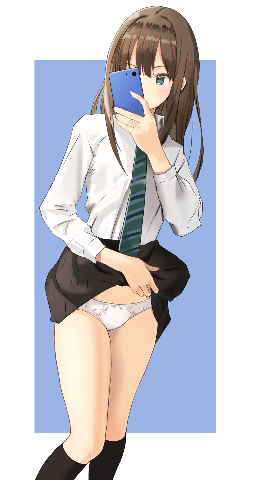 1girl absurdres black_legwear black_skirt blue_background brown_hair collared_shirt green_eyes green_neckwear highres holding holding_phone idolmaster idolmaster_cinderella_girls kneehighs lifted_by_self long_hair long_sleeves miniskirt necktie panties phone pleated_skirt school_uniform shibuya_rin shiny shiny_hair shirt skirt skirt_lift solo standing striped striped_neckwear two-tone_background underwear white_background white_panties white_shirt wing_collar yoppe0131