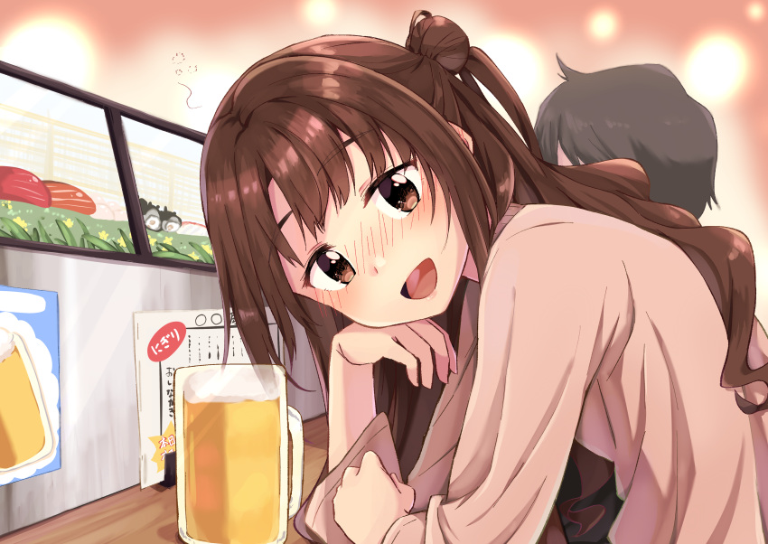 1boy 1girl absurdres alcohol arm_support bar beer beer_mug blouse blush brown_eyes brown_hair commentary_request drunk eyebrows_visible_through_hair food half_updo head_tilt highres idolmaster idolmaster_cinderella_girls long_hair looking_at_viewer nose_blush omochi_(k-on1991) one_side_up open_mouth shimamura_uzuki smile sushi