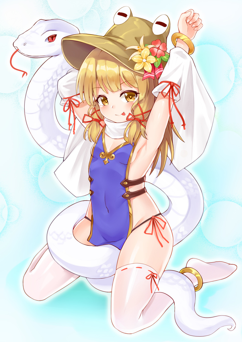 1girl :p absurdres anklet arm_ribbon armpits arms_up bangs bare_shoulders black_panties blonde_hair blue_background blush brown_headwear bushi_(1622035441) covered_navel detached_sleeves eyebrows_visible_through_hair flat_chest flower forked_tongue hair_ribbon hat hat_flower highres jewelry long_hair long_sleeves looking_at_viewer moriya_suwako naked_tabard no_shoes panties red_flower red_ribbon ribbon ribbon-trimmed_legwear ribbon_trim sitting smile snake solo tabard thigh-highs thighs tongue tongue_out touhou underwear wariza white_legwear white_snake yellow_eyes yellow_flower