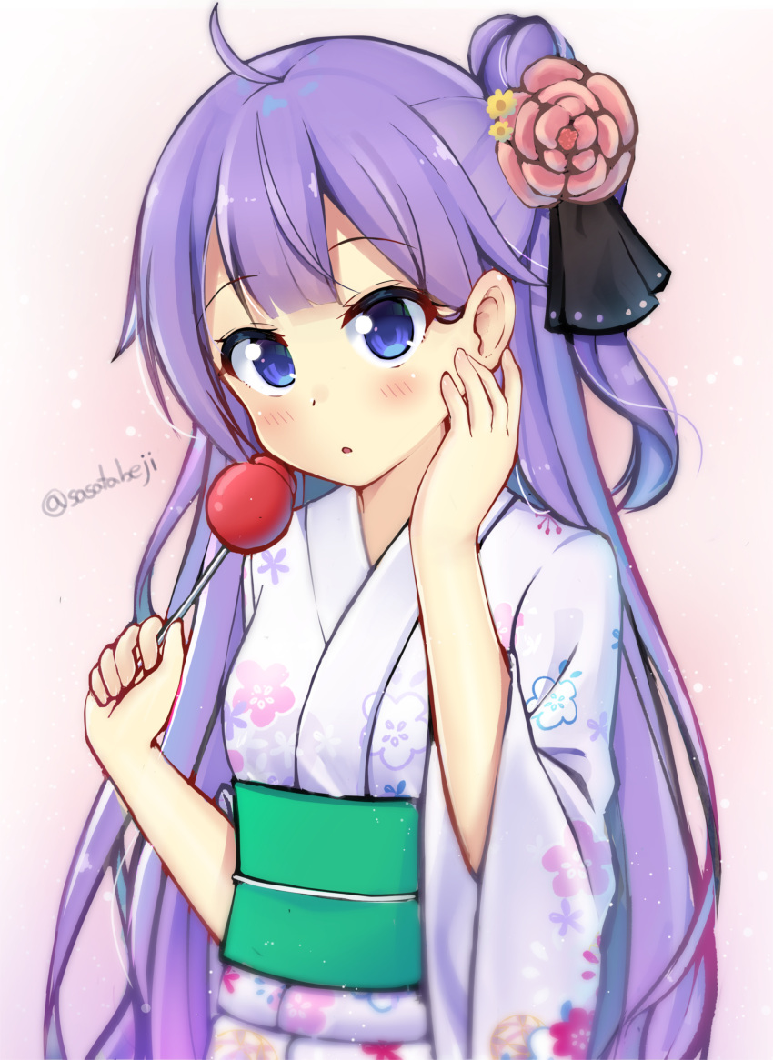 1girl :o absurdres ahoge azur_lane bangs black_ribbon blue_eyes blush candy_apple commentary eyebrows_visible_through_hair floral_print flower food hair_bun hair_flower hair_ornament hair_ribbon hands_up highres holding holding_food japanese_clothes kimono long_hair long_sleeves one_side_up oni parted_lips pink_flower pink_rose print_kimono purple_hair purple_kimono ribbon rose sasatabekung side_bun solo twitter_username unicorn_(azur_lane) very_long_hair wide_sleeves yellow_flower