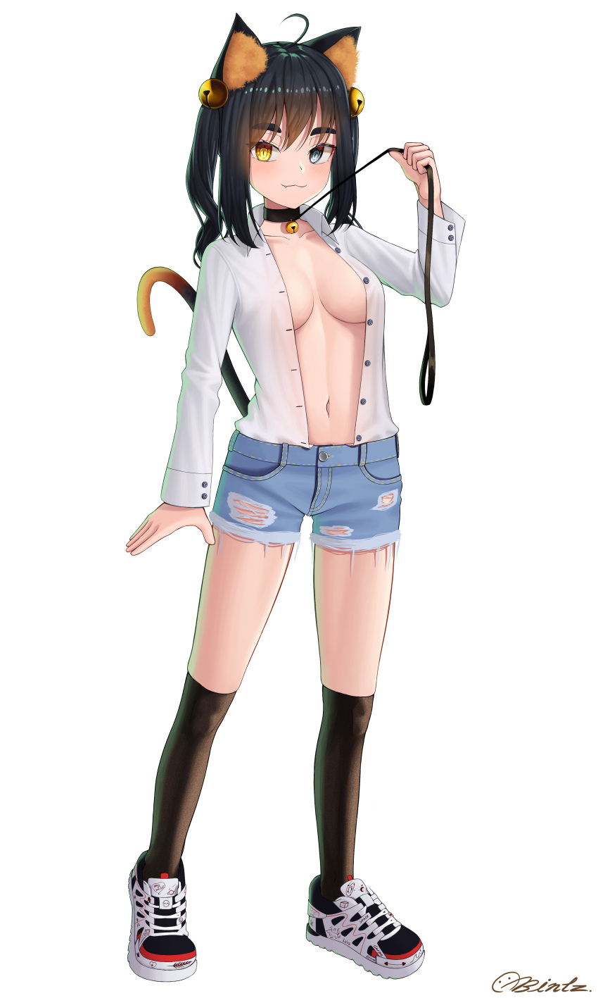 1girl :3 absurdres ahoge animal_ear_fluff animal_ears bell bintz black_hair black_legwear blue_eyes breasts breasts_apart buttons cat_ears cat_girl cat_tail closed_mouth collar collarbone collared_shirt cutoffs denim denim_shorts fang full_body hand_up heterochromia highres jingle_bell kneehighs leash leash_pull long_hair long_sleeves looking_at_viewer medium_breasts navel no_bra open_clothes open_shirt original shirt shirt_tucked_in shoes short_shorts shorts signature simple_background sneakers solo standing stomach tail thick_eyebrows thighs torn_clothes torn_shorts twintails white_background white_shirt yellow_eyes