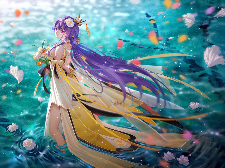 1girl bare_shoulders blurry breasts depth_of_field dress floating_hair flower hair_flower hair_ornament hairpin holding holding_flower large_breasts leaves_in_wind long_hair looking_at_viewer looking_back mo_qingxian motion_blur petals purple_hair red_flower ripples solo tassel thighs tidsean very_long_hair violet_eyes vocaloid vocanese wading water white_dress white_flower