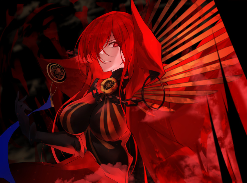 1girl bangs black_bodysuit black_gloves bodysuit breasts cape closed_mouth commentary_request elbow_gloves eyebrows_visible_through_hair fate/grand_order fate_(series) gloves hair_over_one_eye highres large_breasts long_hair looking_at_viewer oda_nobunaga_(maou_avenger)_(fate) red_cape red_eyes redhead smile solo upper_body very_long_hair yuki_maccha_(yukimattya10)