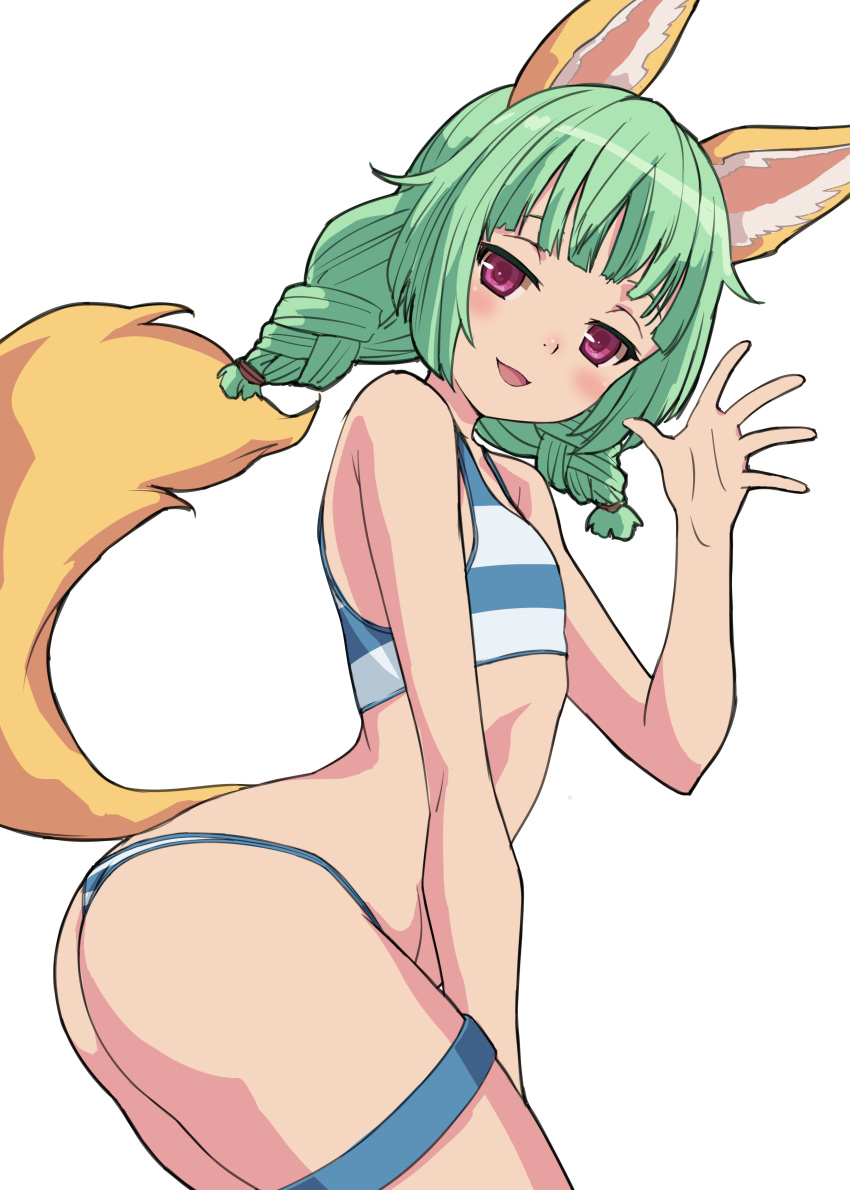 1girl absurdres animal_ear_fluff animal_ears ass bangs bare_arms bare_shoulders bikini chain character_request eyebrows_behind_hair fox_ears fox_girl fox_tail green_hair hand_up heart highres leaning_forward long_hair looking_at_viewer looking_to_the_side low_twintails nyama short_twintails simple_background solo striped striped_bikini swimsuit tail tail_raised tera_online thigh_strap twintails violet_eyes white_background