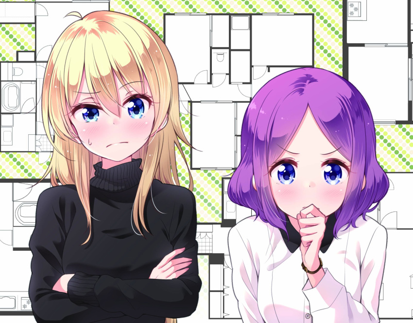 2girls black_sweater blonde_hair blue_eyes commentary_request crossed_arms highres long_hair long_sleeves looking_at_viewer multiple_girls new_game! official_art purple_hair shirt short_hair sweater tokunou_shoutarou tooyama_rin turtleneck turtleneck_sweater upper_body watch white_shirt yagami_kou