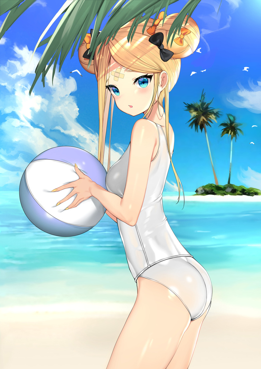 1girl abigail_williams_(fate/grand_order) absurdres ball bandaid bandaid_on_forehead bangs bare_arms bare_shoulders beach beachball black_bow blonde_hair blue_eyes blue_sky bow breasts chestnut_mouth clouds cowboy_shot day double_bun fate/grand_order fate_(series) from_side hair_bow highres holding island long_hair looking_at_viewer ocean one-piece_swimsuit orange_bow outdoors palm_tree parted_bangs parted_lips school_swimsuit sidelocks sky small_breasts solo standing swimsuit thighs tree tttanggvl water white_swimsuit