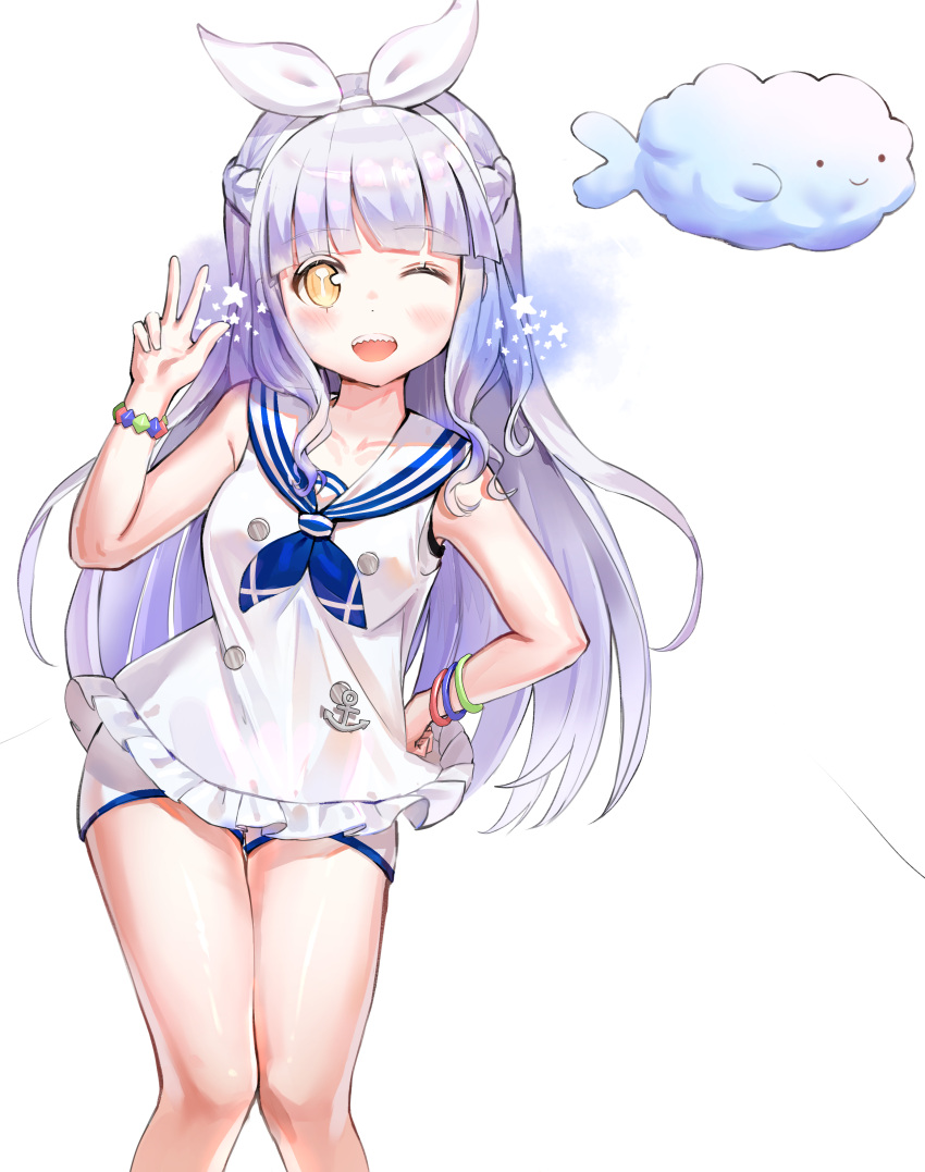 1girl absurdres bangs bare_arms bare_shoulders blush breasts clouds commentary_request commission dot_nose elsword eyebrows_visible_through_hair glasses grey_hair hairband highres kian long_hair looking_at_viewer one_eye_closed original sailor_collar sharp_teeth shirt short_shorts shorts silver_hair simple_background sleeveless sleeveless_shirt solo teeth thighs w white_background white_hairband white_shirt white_shorts yellow_eyes