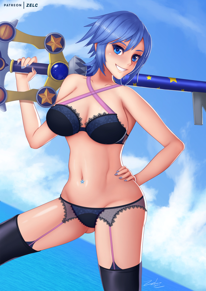 1girl aqua_(kingdom_hearts) black_bra black_panties blue_eyes blue_hair blue_sky bra breasts clouds cloudy_sky cowboy_shot day garter_straps grin groin highres holding holding_weapon keyblade kingdom_hearts kingdom_hearts_birth_by_sleep looking_at_viewer medium_breasts midriff navel ocean outdoors over_shoulder panties short_hair sky smile solo thigh-highs underwear underwear_only weapon weapon_over_shoulder zelc-face