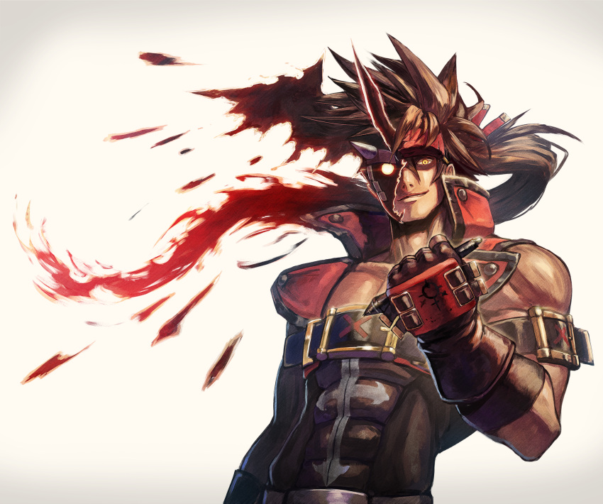 black_gloves brown_hair clenched_hand collarbone dragon_install fingerless_gloves gloves glowing glowing_eyes guilty_gear guilty_gear_xrd hair_between_eyes headgear highres holding holding_stylus kuroi_susumu male_focus muscle parted_lips ponytail shaded_face simple_background smile sol_badguy spiky_hair stylus white_background yellow_eyes