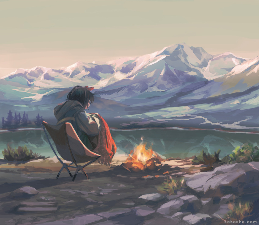 1girl animal_ears black_hair bonfire bow chair day facing_away fire from_behind grey_sky hood hood_down hoodie kouka_(mrakano5456) lake long_hair mountain original outdoors rabbit_ears red_bow scenery short_hair sitting solo tree watermark web_address