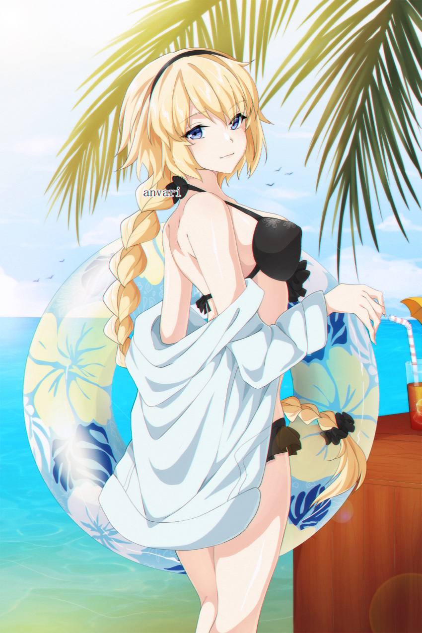 1girl bikini black_bikini black_hairband black_scrunchie blonde_hair blue_eyes braided_ponytail breasts closed_mouth clothes_down day drinking_straw floating_hair frilled_bikini frills from_side hair_ornament hair_scrunchie hairband highres huge_filesize jacket killibrew long_hair looking_at_viewer medium_breasts ocean open_clothes open_jacket outdoors palm_tree ponytail scrunchie sideboob smile solo standing swimsuit tree very_long_hair white_jacket