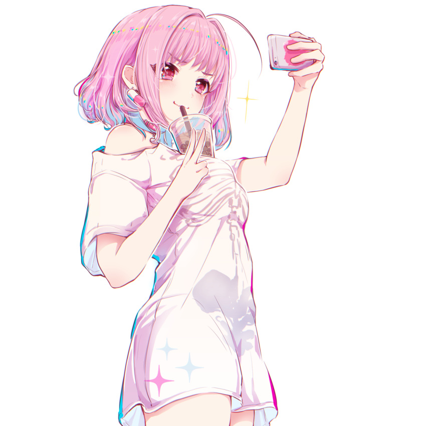 1girl ahoge aozora_saishiki bare_shoulders blue_hair bubble_tea bubble_tea_challenge cellphone drinking_straw drinking_straw_in_mouth earrings eyebrows_visible_through_hair highres holding holding_cellphone holding_phone idolmaster idolmaster_cinderella_girls jewelry multicolored_hair off_shoulder phone pill_earrings pink_eyes pink_hair self_shot shirt short_hair short_sleeves simple_background solo t-shirt two-tone_hair v white_background yumemi_riamu