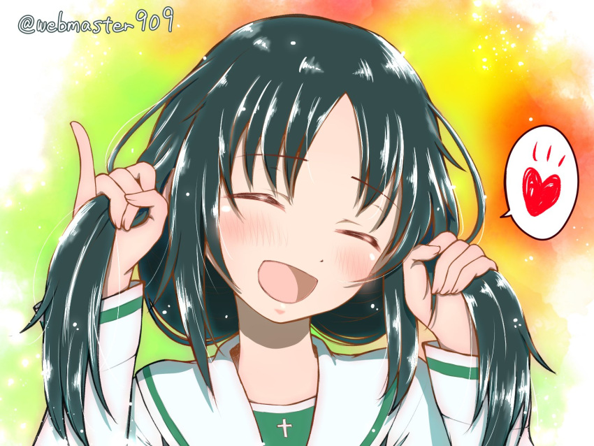 1girl adjusting_hair alternate_hairstyle black_hair blouse blush closed_eyes commentary eyebrows_visible_through_hair girls_und_panzer hair_up head_tilt heart highres katsuragi_(webmaster909) light_particles long_sleeves multicolored multicolored_background ooarai_school_uniform open_mouth pinky_out portrait school_uniform smile solo spoken_heart twintails twitter_username white_blouse yamagou_ayumi