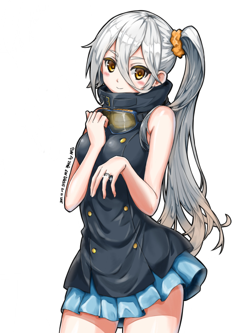 1girl artist_request commentary_request girls_frontline goggles goggles_around_neck highres jewelry long_hair looking_at_viewer pkp_(girls_frontline) ponytail ring skirt smile solo thick_eyebrows wedding_ring white_hair yellow_eyes