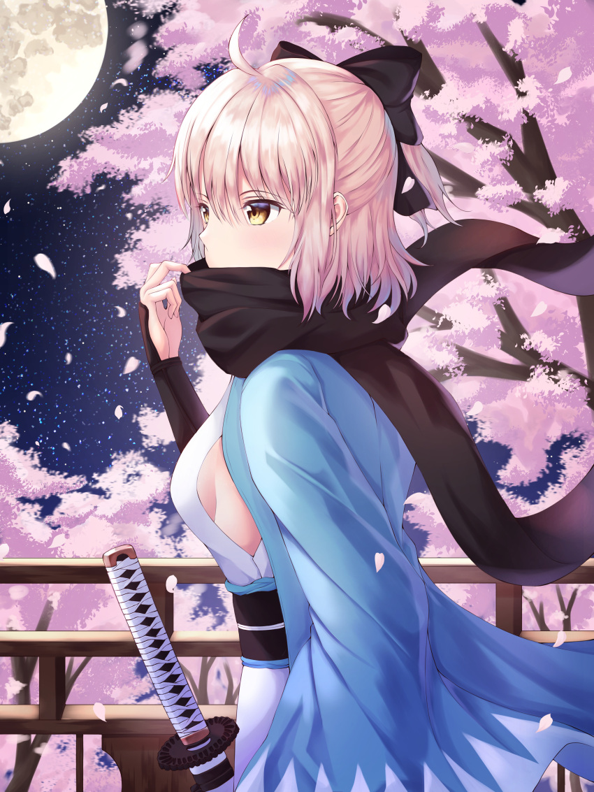 1girl absurdres ahoge black_bow black_scarf bow breasts cherry_blossoms cherry_tree fate_(series) from_side full_moon hair_between_eyes hair_bow haori highres japanese_clothes katana koha-ace moon night night_sky okita_souji_(fate) okita_souji_(fate)_(all) outdoors ponytail retsu4708 scarf scarf_over_mouth sheath sheathed short_hair sideboob silver_hair sky small_breasts solo standing star_(sky) starry_sky sword weapon yellow_eyes